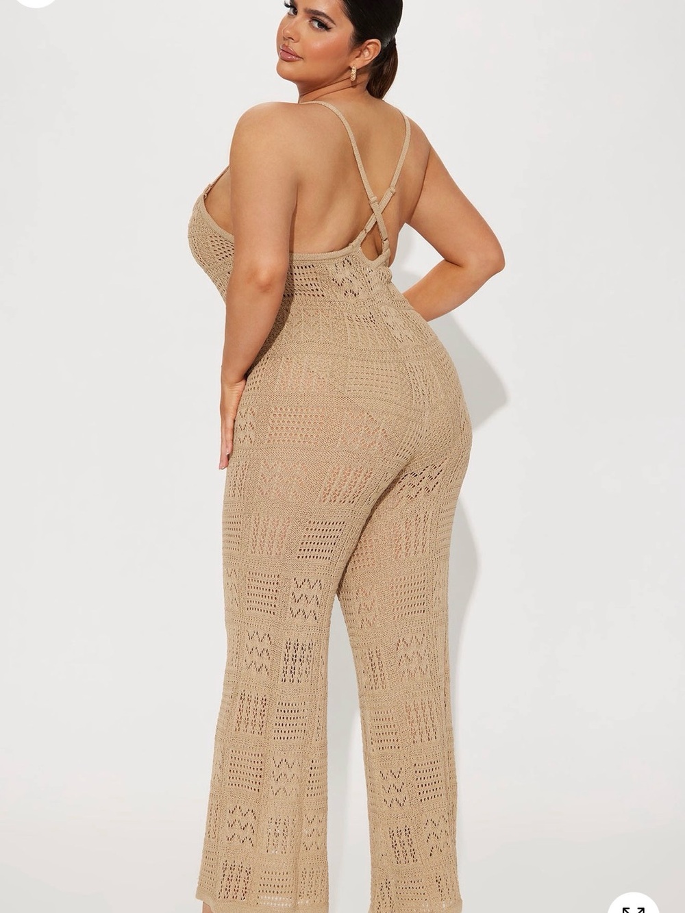 Fashion Nova Beige Crochet Knit Spaghetti-Strap Jumpsuit - Picture 4 of 7